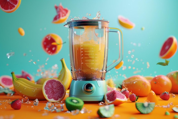 Photo a blender with a number of fruits and a measuring cup with the number 3 on it