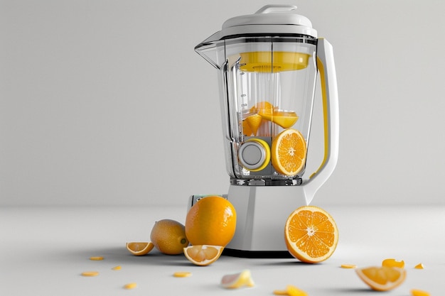 Photo a blender with orange slices and one being peeled