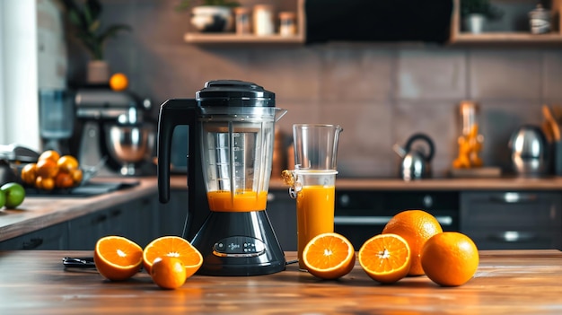 Photo a blender with oranges and a glass of orange juice next to a blender