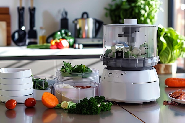 a blender with vegetables and a box of food on the counter