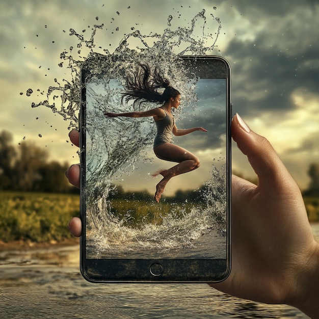 Photo blending digital reality phone screen shows woman leaping over a shimmering stream