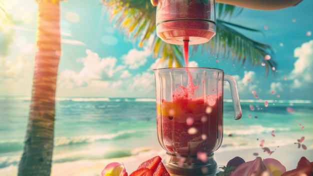 Photo blending fresh fruit on a tropical beach during a sunny day