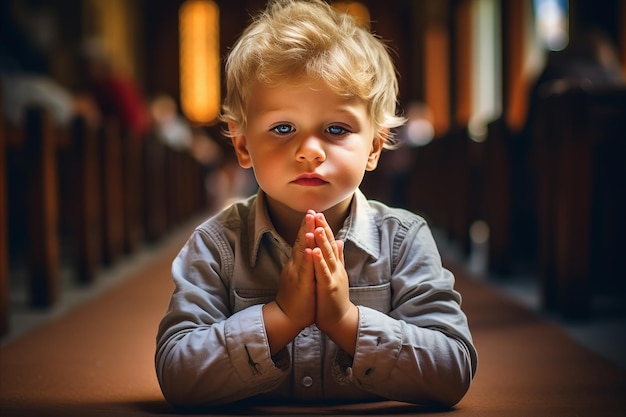 Blessed Child Cute Little Kid Praying in Church Hyperrealistic Studio Closeup