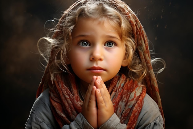 Blessed Child Praying Portrait in Cinematic Church Scene with Studio Light