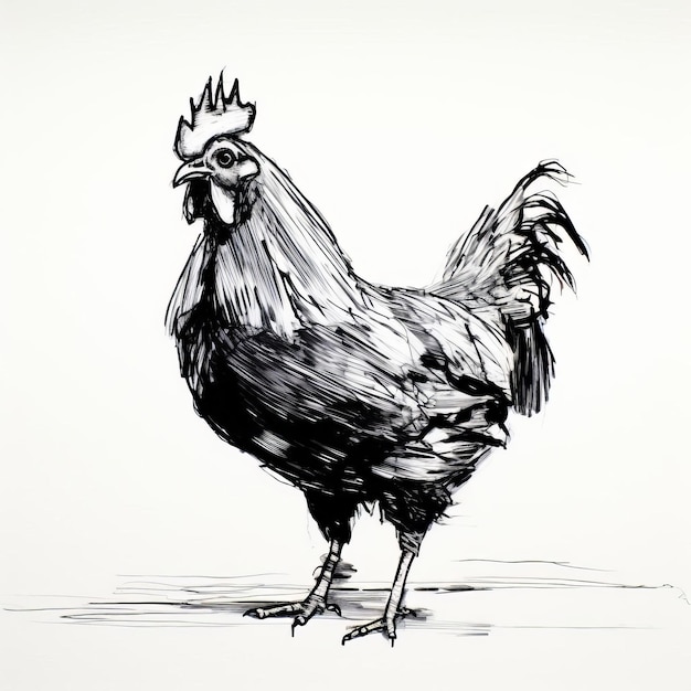 Blind Contour Chicken Full Body Illustration On White Background