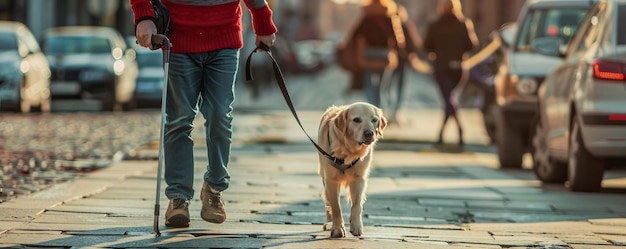 Photo blind man is walking his golden retriever assistance dog on a leash in the city