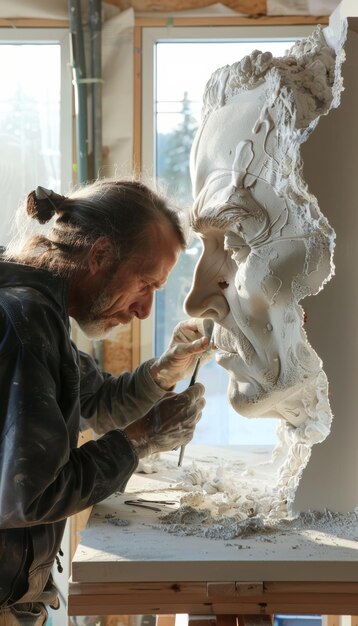 Blind Sculptor Crafting Detailed Artwork in Bright Studio Inspirational Artistic Dedication