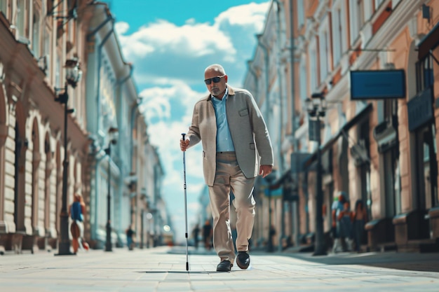 Photo blind senior man walking with cane on the city street