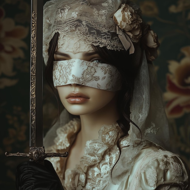 A blindfolded noblewoman with a sword romantic antique intricate somber