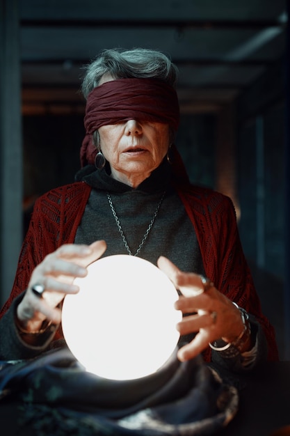 Blindfolded witch fortune teller doing predictions with illuminated crystal ball reading future during esoteric ritual and divination seance