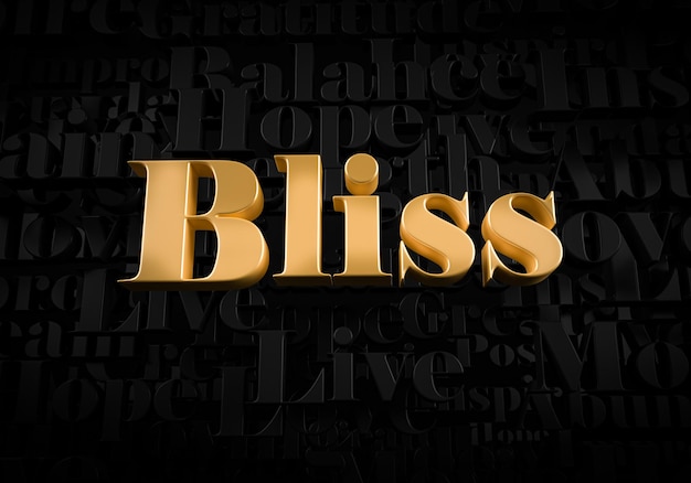 Bliss  Gold text on black text background  Motivational word 3D rendered picture