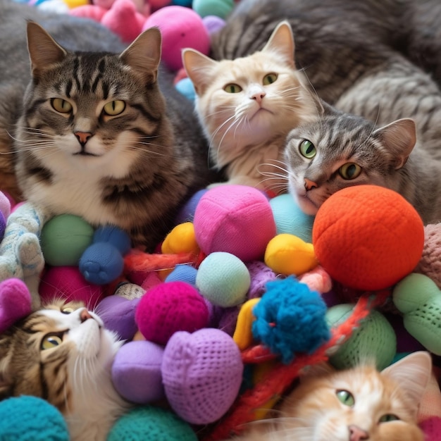 Blissful Cats Surrounded by a Pile of Joy Generative AI