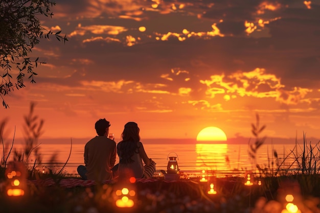 Blissful couple sharing a romantic sunset picnic o