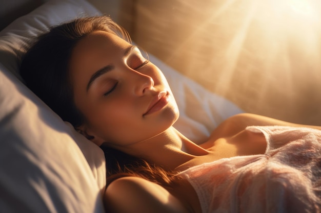 Blissful Sleeping Beautiful Woman Comfortably Asleep in Bed with Sunbeam Dawn on her Face