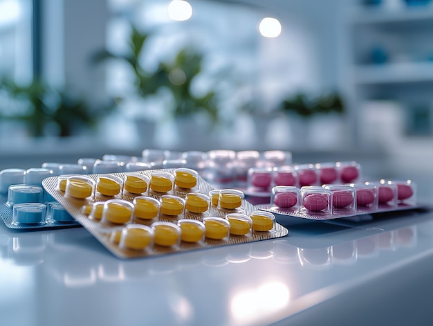 Blister Packs of Pills Arranged on a Table in a Bright Clinical Setting