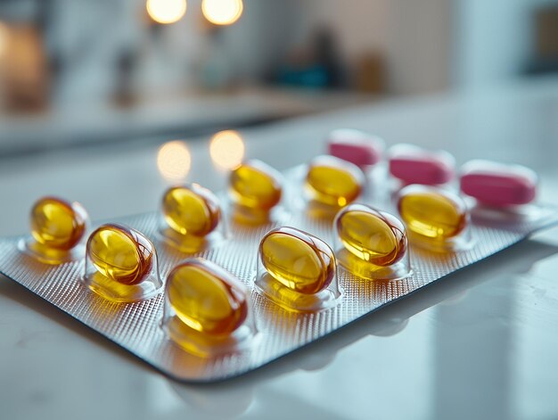 Blister Packs of Pills Neatly Arranged on Reflective Surface in Pharmacy