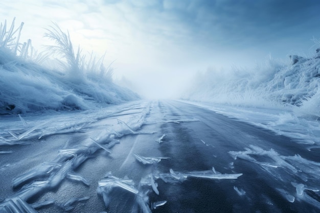 blizzard conditions with the road covered in snow and ice during the cold winter season