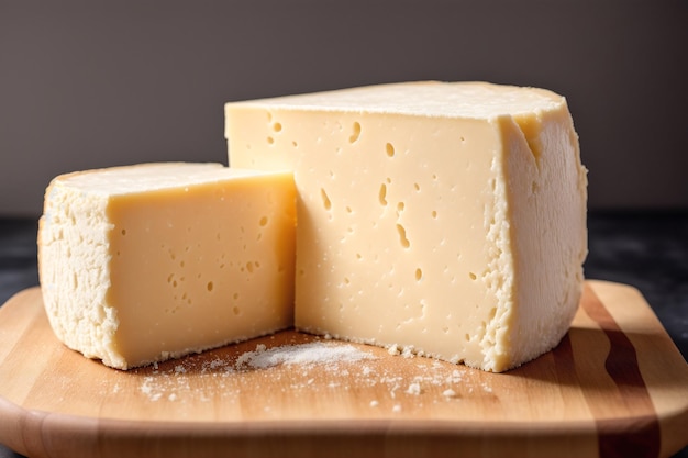 A block of cheese is on a wooden board.