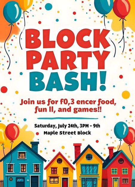 Photo block party bash invitation with balloons and colorful houses community event celebration