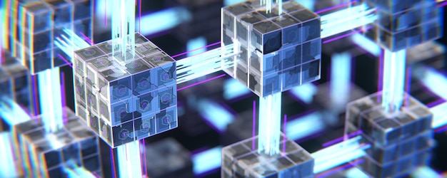 Blockchain concept banner Digital blocks are connected to each other and form a crypto chain Blocks or cubes connection consists of numbers Abstract technology background 3d render