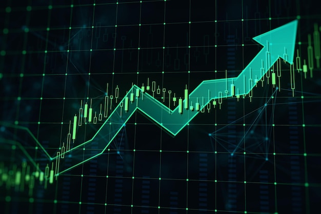 Blockchain cryptocurrency and online trading concept with glowing growing digital candlestick and big arrow on dark technological background 3D rendering