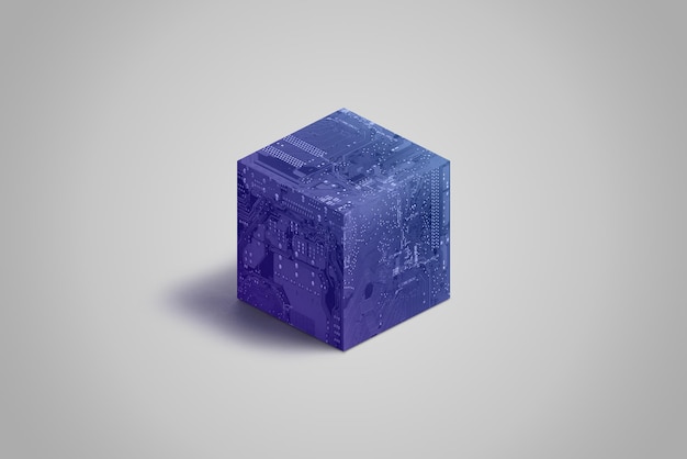 Blockchain cube with electronic circuit board texture concept Blue block containing hash and data