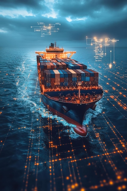 Photo blockchain integration a dynamic holographic image of a container cargo ship showcased above a