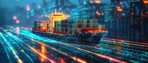 Photo blockchain integration logistic a holographic container cargo ship sails through a digital