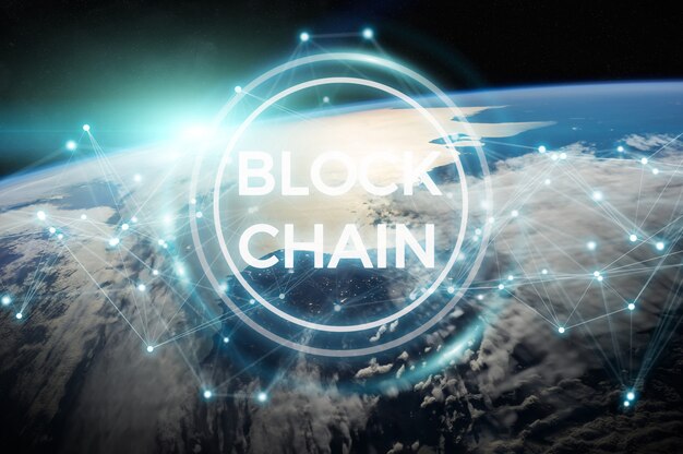 Photo blockchain on planet earth 3d rendering