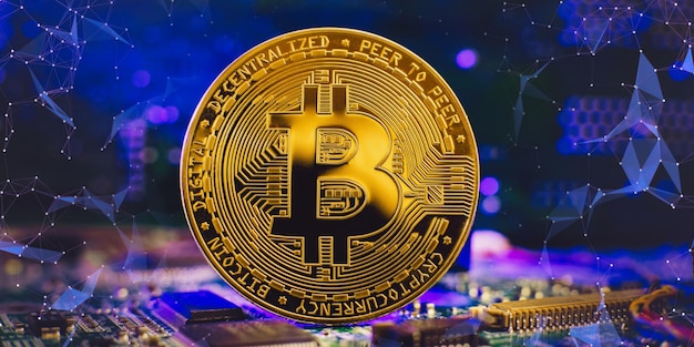 Blockchain technology bitcoin mining concept Bitcoin golden coin on computer circuit board banner copy space