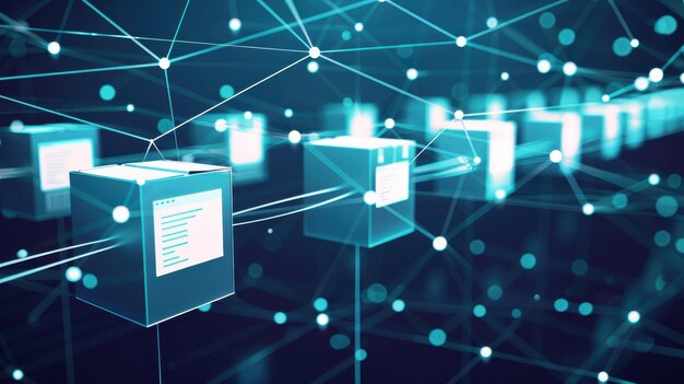 Photo blockchain technology concept illustrating digital ledger and data transactions in a connected network with nodes