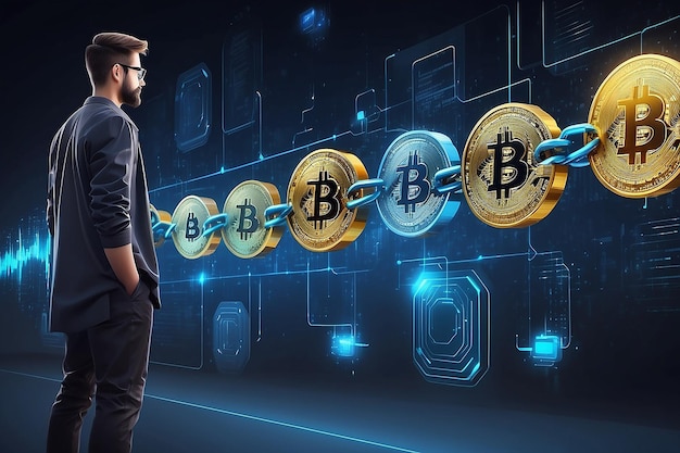 Blockchain technology concept with a chain of encrypted blocks and person in background fintech financial cryptocurrency such as bitcoin