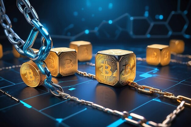 Blockchain technology concept with a chain of encrypted blocks and person in background fintech financial cryptocurrency such as bitcoin