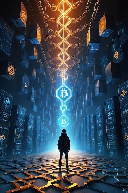 Blockchain technology concept with a chain of encrypted blocks and person in background fintech financial cryptocurrency such as bitcoin