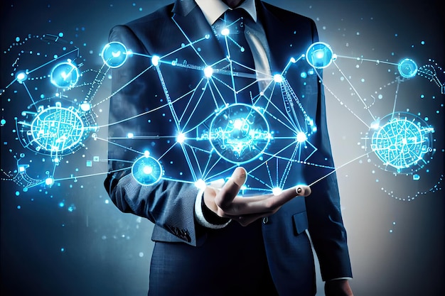 Blockchain technology and network concept Businessman blockchain in hand with icons network connection on blue security and digital connection background