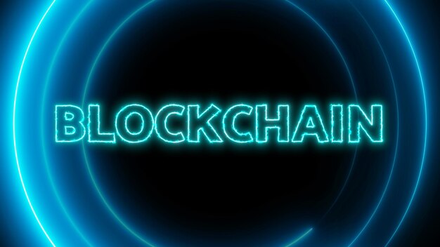 Blockchain text with neon glowing circle on a black background