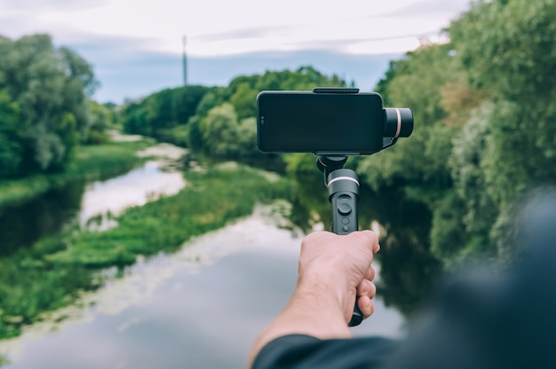 Blogger on the background of nature