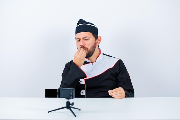 Blogger chef is showing delicious gesture by sitting in front of his mini camera on white background