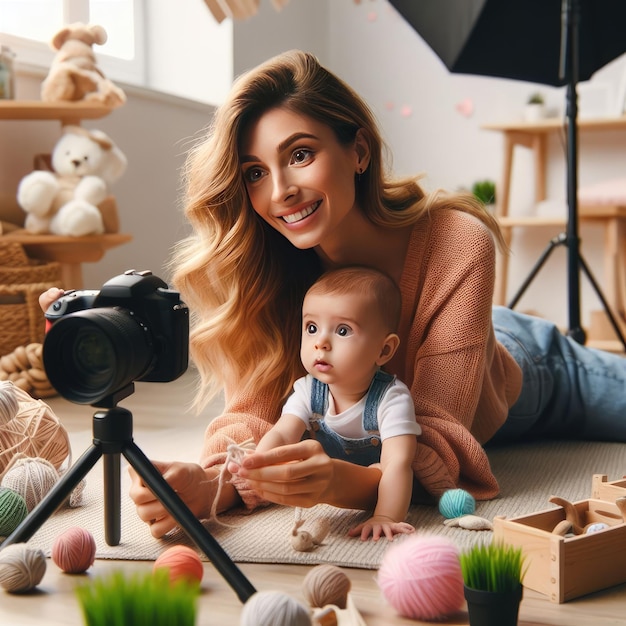 Blogger mom with her baby at home Millennial Influencer woman creating content for her motherhood