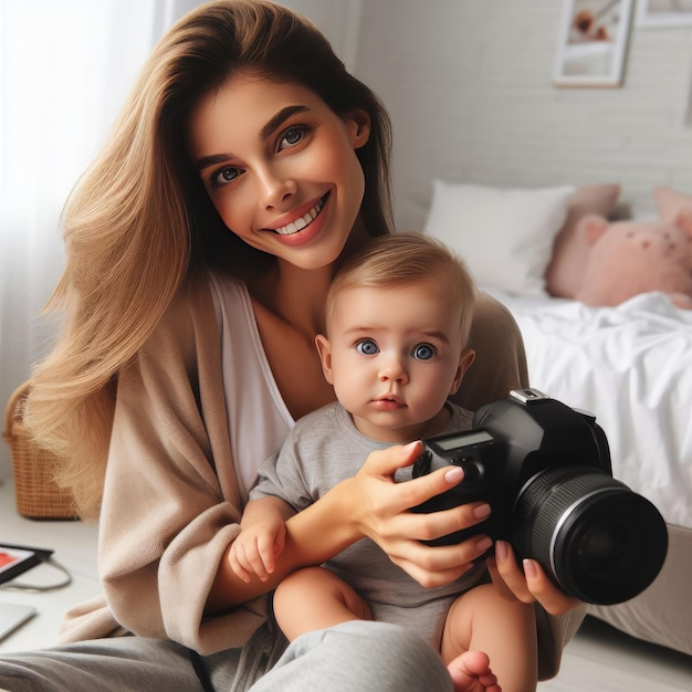 Blogger mom with her baby at home Millennial Influencer woman creating content for her motherhood