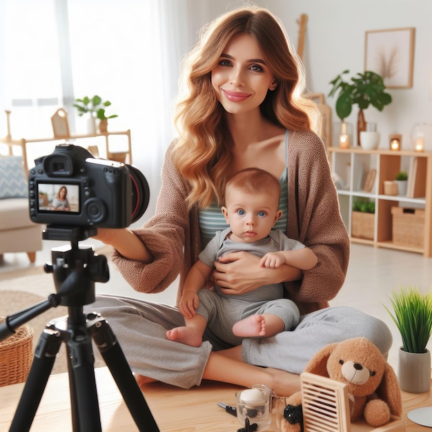 Blogger mom with her baby at home Millennial Influencer woman creating content for her motherhood