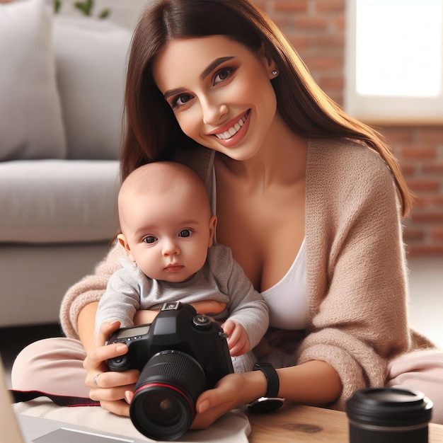 Blogger mom with her baby at home Millennial Influencer woman creating content for her motherhood