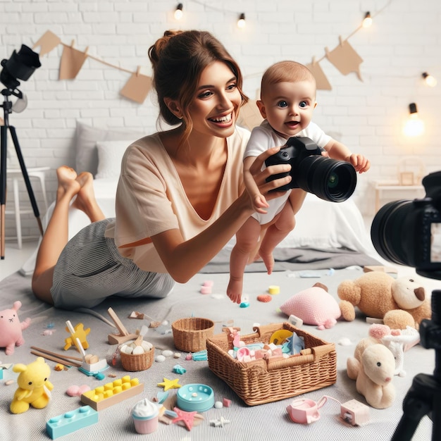 Blogger mom with her baby at home Millennial Influencer woman creating content for her motherhood