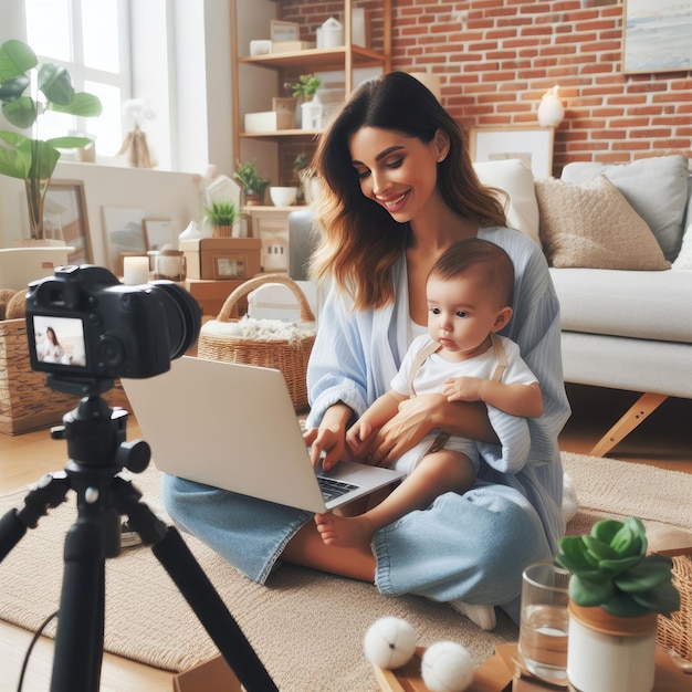 Blogger mom with her baby at home Millennial Influencer woman creating content for her motherhood