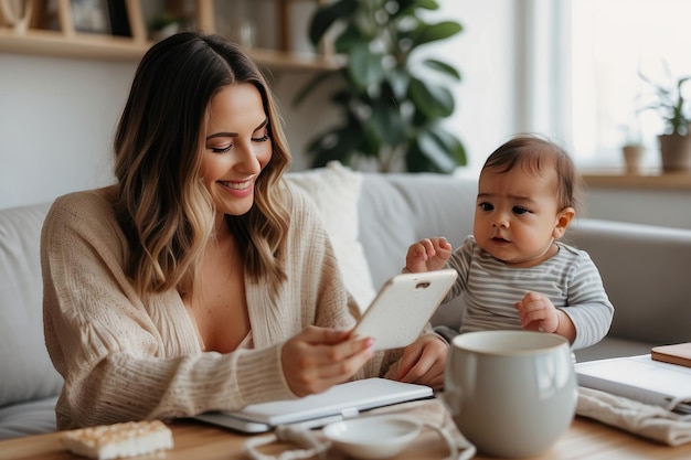 Blogger mom with her baby at home Millennial Influencer woman creating content for her motherhood