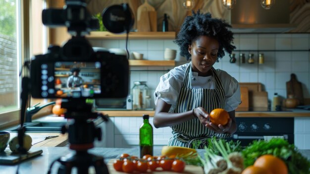 Photo a blogger preparing food on camera