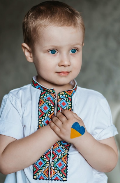 a blond boy Blue eyes looks into the distance Ukrainian embroidery flag of Ukraine child