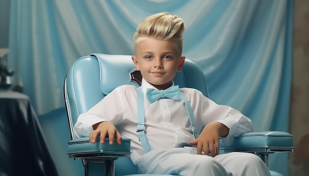 blond boy sitting in a barber shop