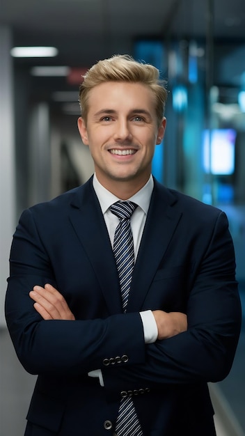 Photo blond businessman happy expression