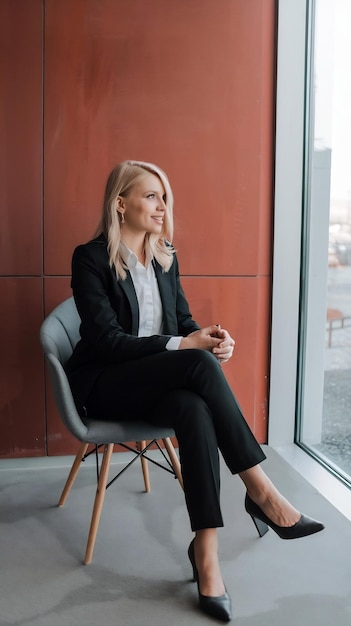 Blond businesswoman sitting on chair near red wall